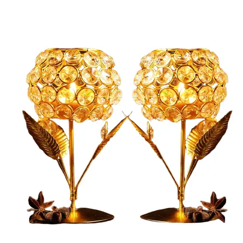 Glass With Leaf Shape Crystal Tea Light Holder(Set of 2)