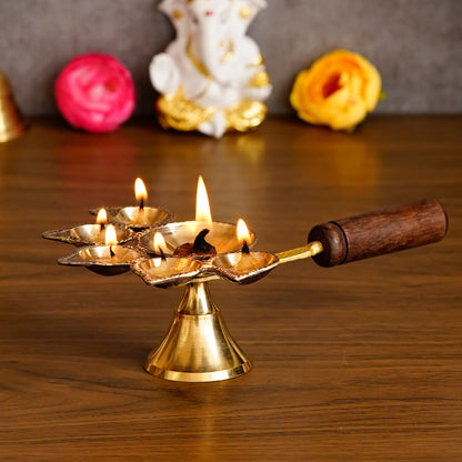 eCraftIndia Brass Panchdeep Diya for 5 Cotton Wicks With Wooden Holder