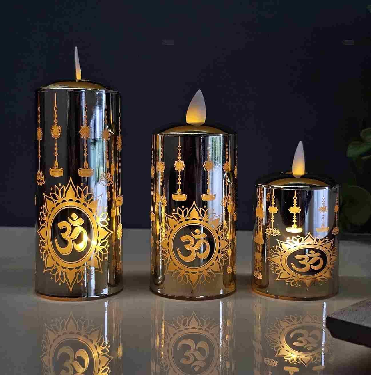 Om Printed Flameless Led Piller Tealight Candle for Home Decor  (Pack of 2)