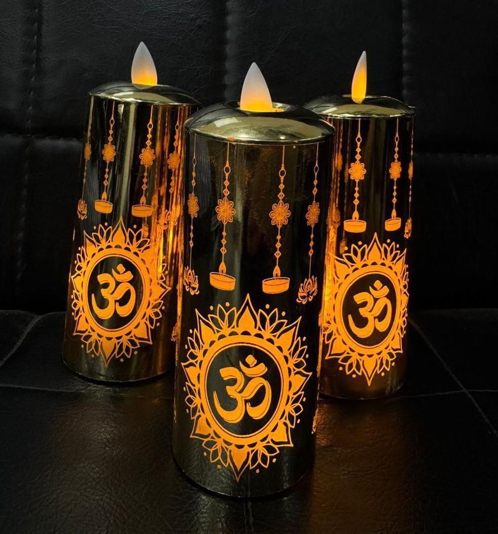 Om Printed Flameless Led Piller Tealight Candle for Home Decor  (Pack of 2)